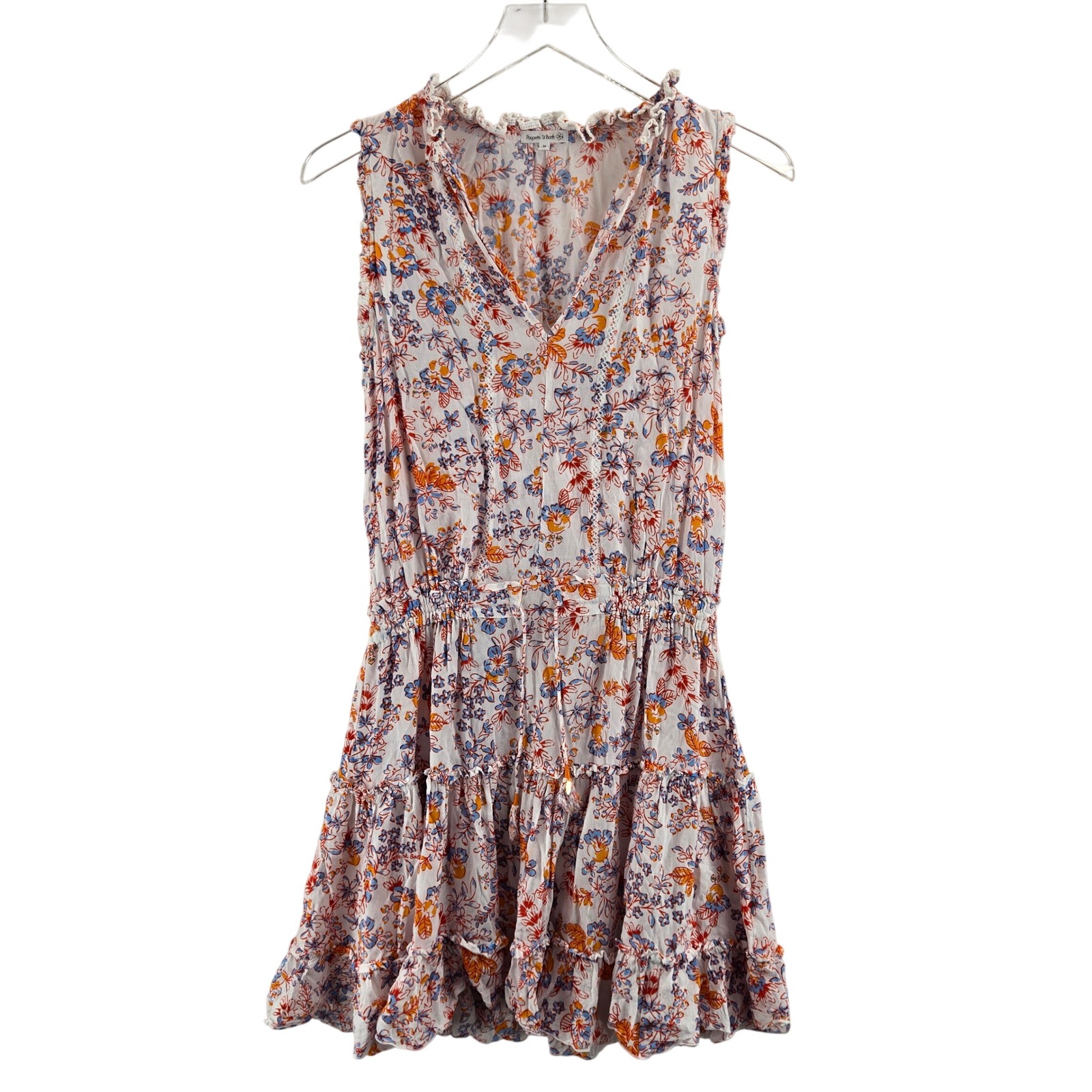 Poupette St Barth Clara Floral Print Sleeveless Ruffle V Neck Mini Dress M